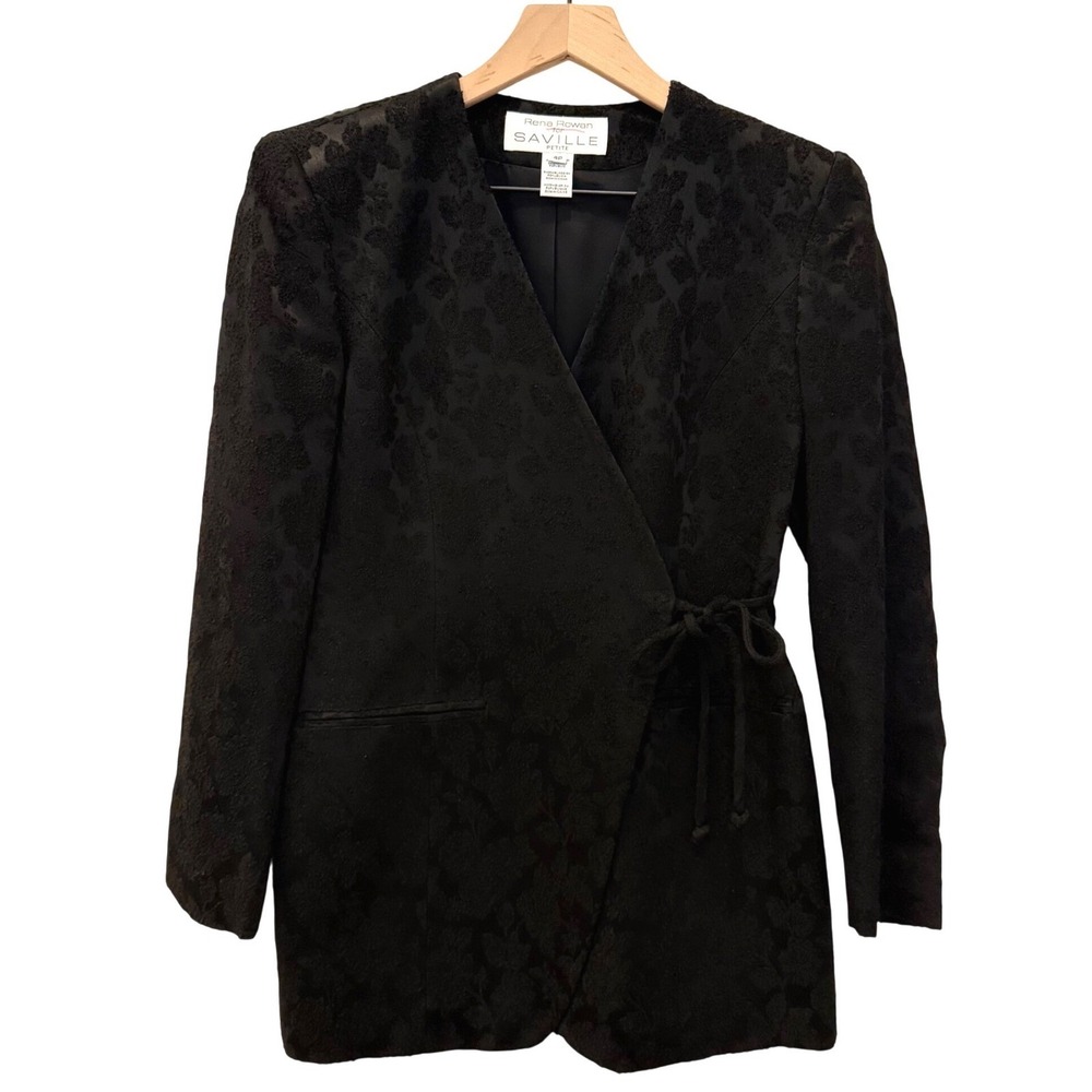Vintage Rena Rowan Black Floral Jacquard Wrap Blazer Jacket 4P Career Romantic - Picture 3 of 9